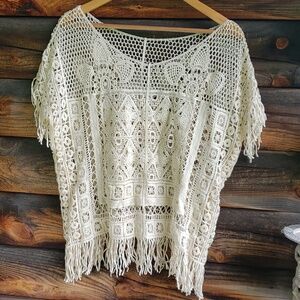 Vintage Macrame Lacy Open Knit Boho Top Fringe Trim sz M/L